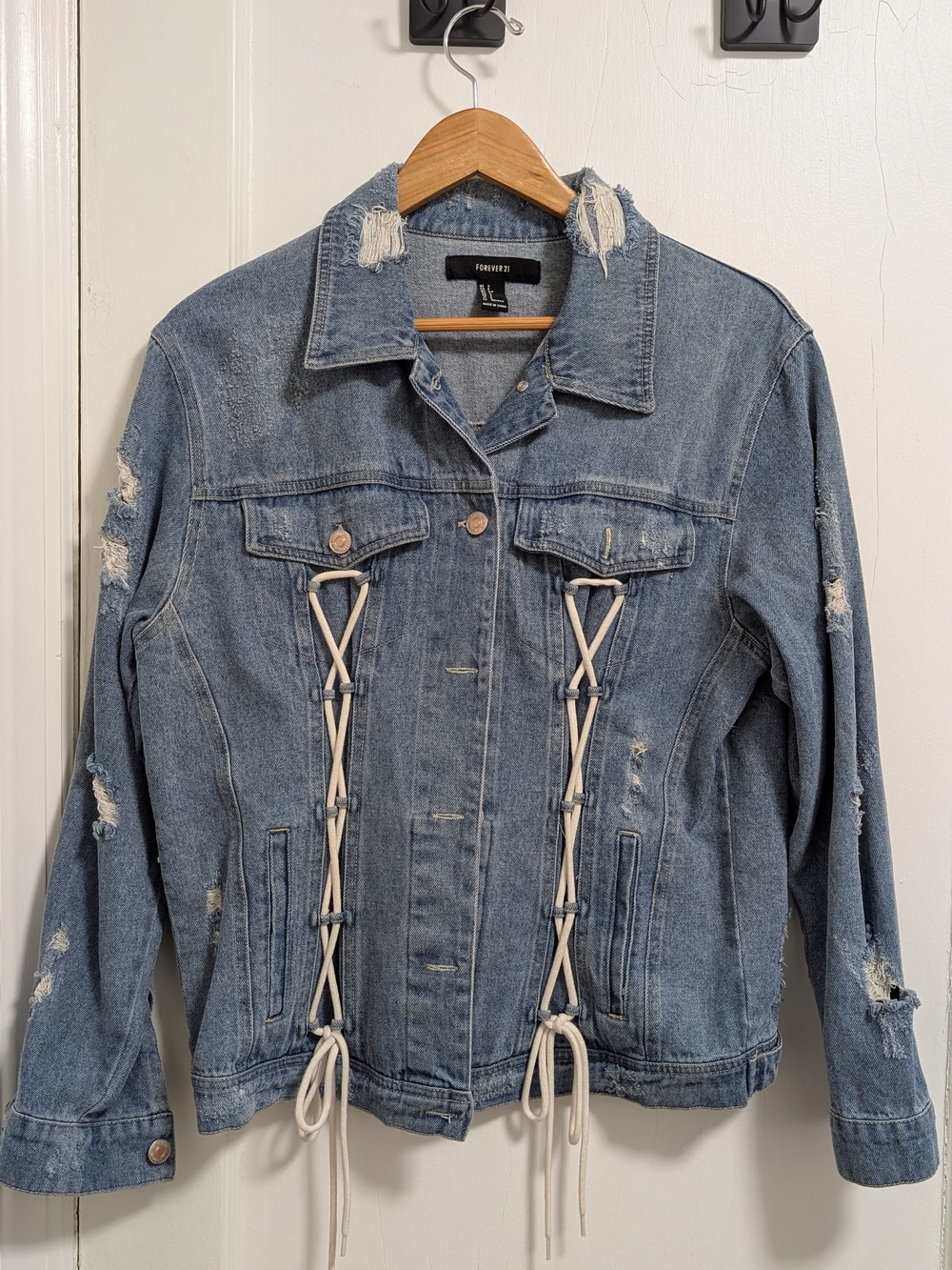 Forever 21 Women Distressed Lace Up Denim Jacket Y2K S
